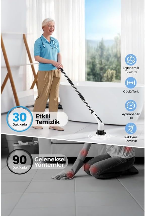 Şarjlı Elektrikli Temizlik Fırçası | Turbo Dönüş |9 Değiştirilebilir Başlık | Mutfak & Banyo | Çok amaçlı Temizlik