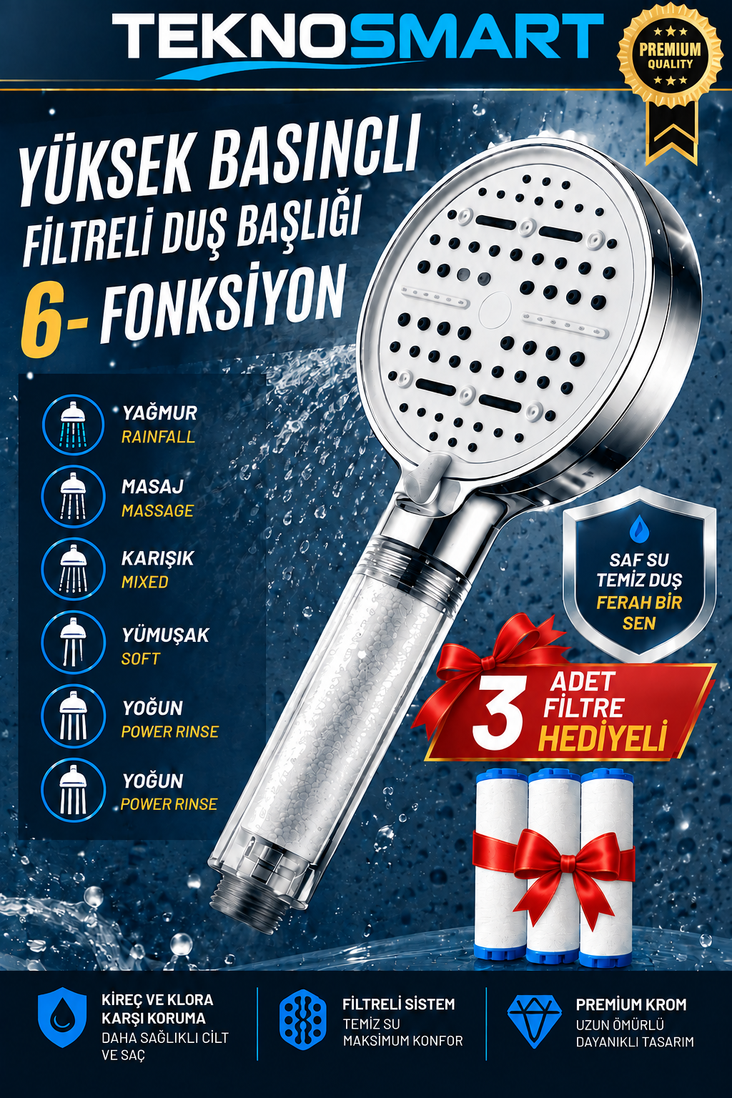 6 Fonksiyonlu Filtreli Duş Başlığı Krom– Yüksek Basınç, Su Tasarruf, Klor Kireç Azaltır+ 3 Filtre HEDİYE!