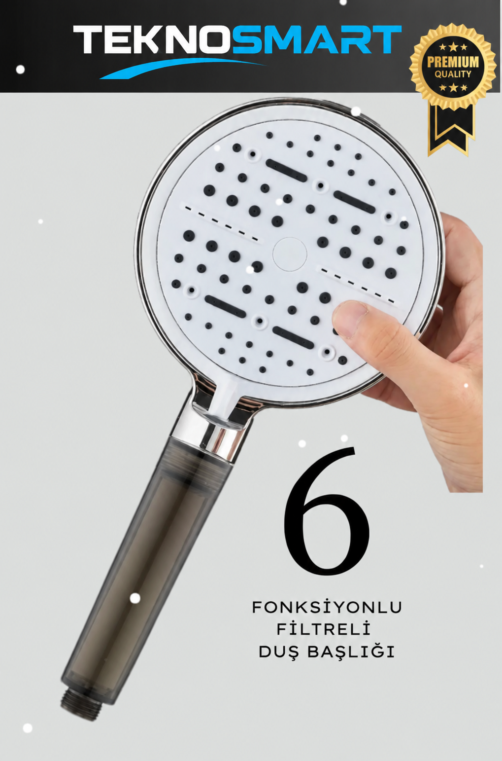 6 Fonksiyonlu Filtreli Duş Başlığı Krom– Yüksek Basınç, Su Tasarruf, Klor Kireç Azaltır+ 3 Filtre HEDİYE!