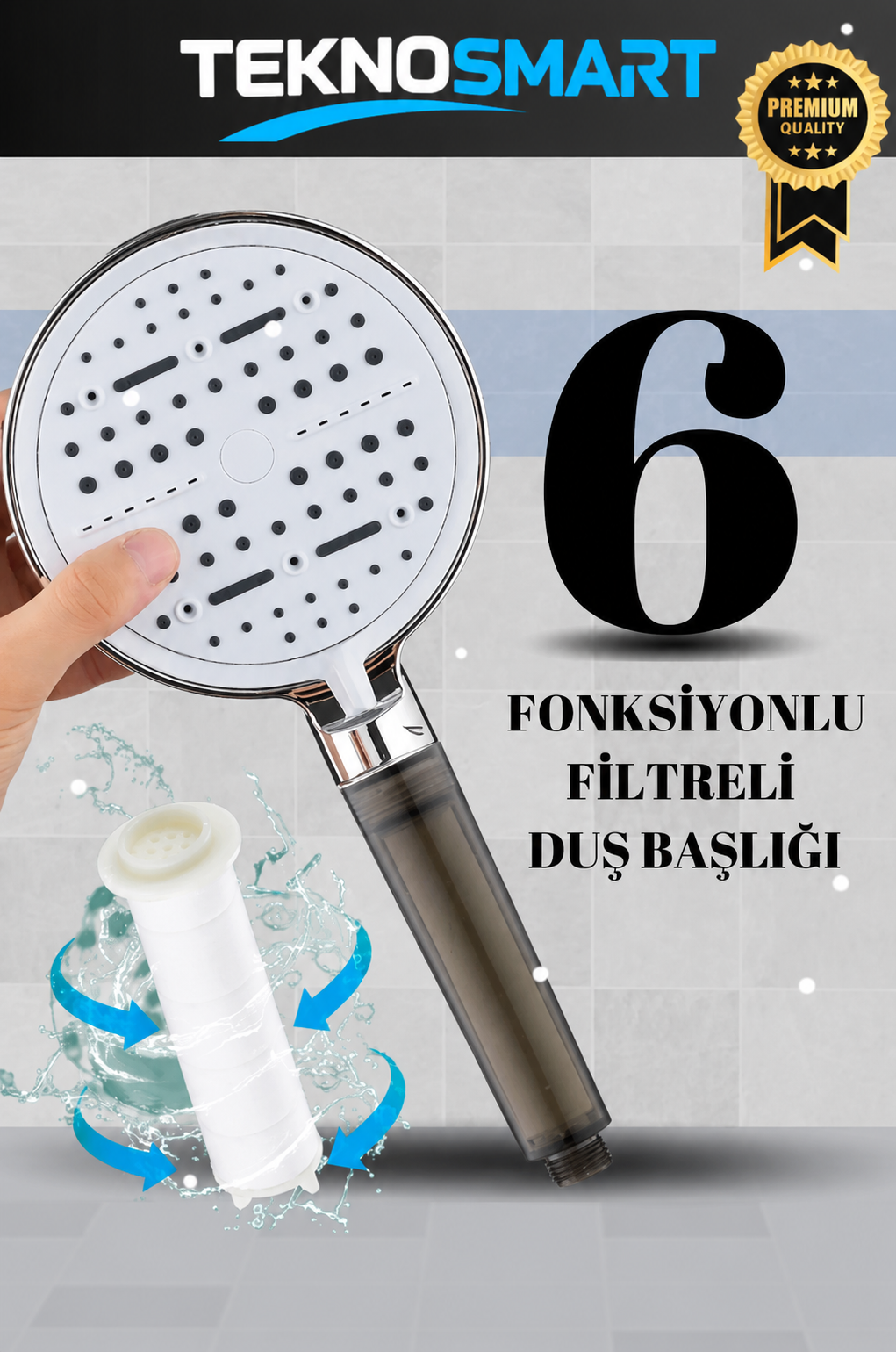 6 Fonksiyonlu Filtreli Duş Başlığı Krom– Yüksek Basınç, Su Tasarruf, Klor Kireç Azaltır+ 3 Filtre HEDİYE!