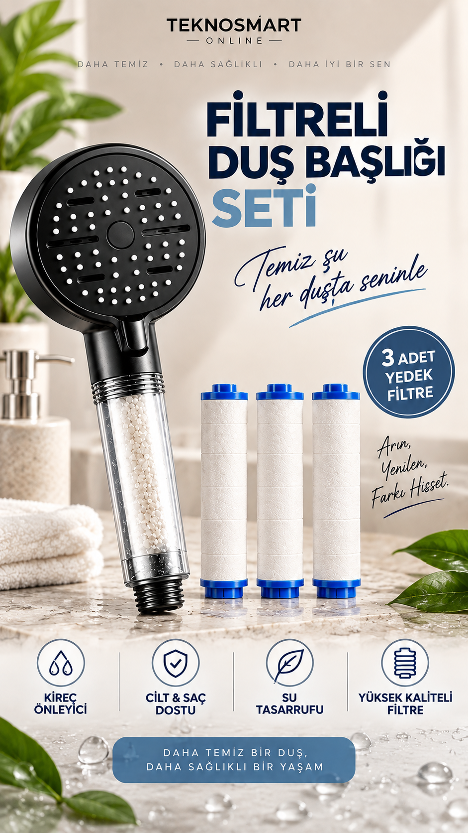 6 Fonksiyonlu Filtreli Duş Başlığı Siyah – Yüksek Basınç, Su Tasarruf, Klor Kireç Azaltır+ 3 Filtre HEDİYE!