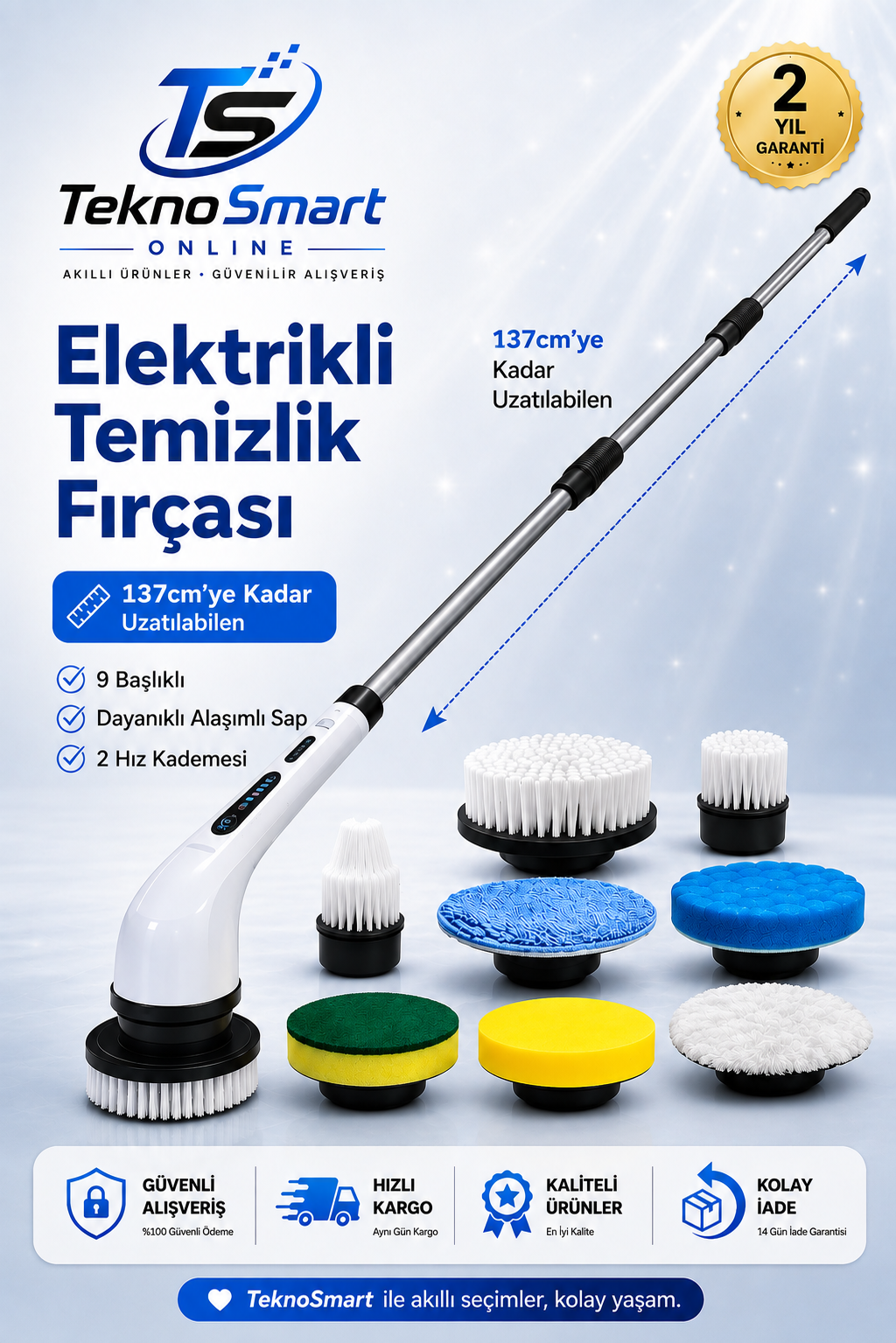Şarjlı Elektrikli Temizlik Fırçası | Turbo Dönüş |9 Değiştirilebilir Başlık | Mutfak & Banyo | Çok amaçlı Temizlik