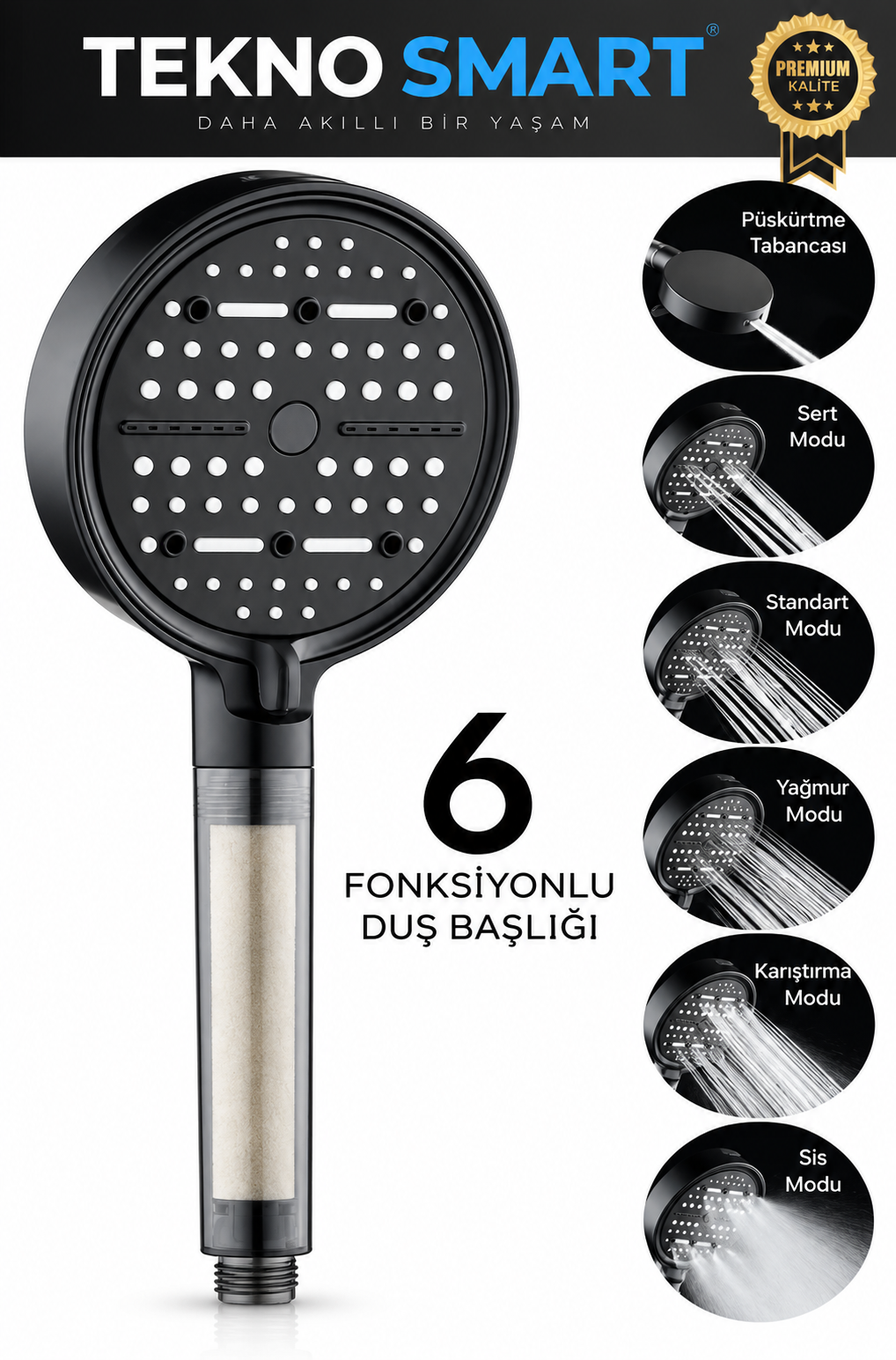 6 Fonksiyonlu Filtreli Duş Başlığı Siyah – Yüksek Basınç, Su Tasarruf, Klor Kireç Azaltır+ 3 Filtre HEDİYE!