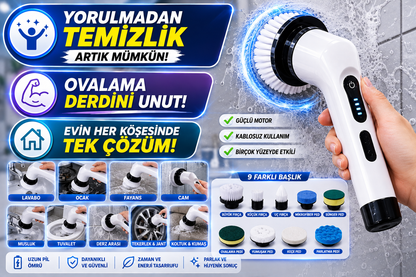 Şarjlı Elektrikli Temizlik Fırçası | Turbo Dönüş |9 Değiştirilebilir Başlık | Mutfak & Banyo | Çok amaçlı Temizlik